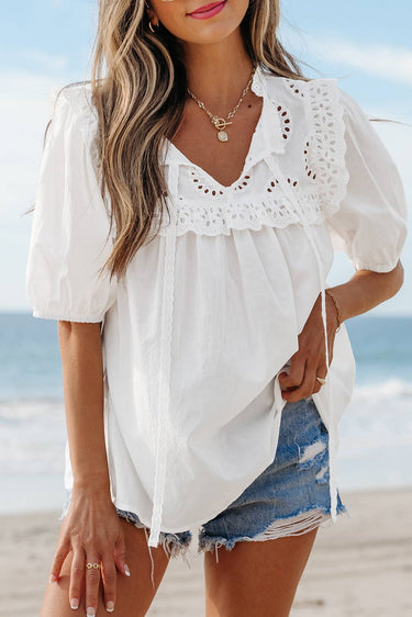 Embroidered Lace Puff Short Sleeve Blouse